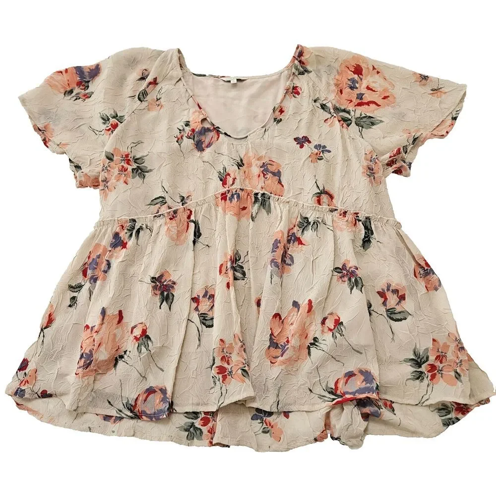 Lucky Brand Women's Floral Crinkle Flutter Sleeve Romantic Babydoll Blouse Sz XL - Picture 2 of 10